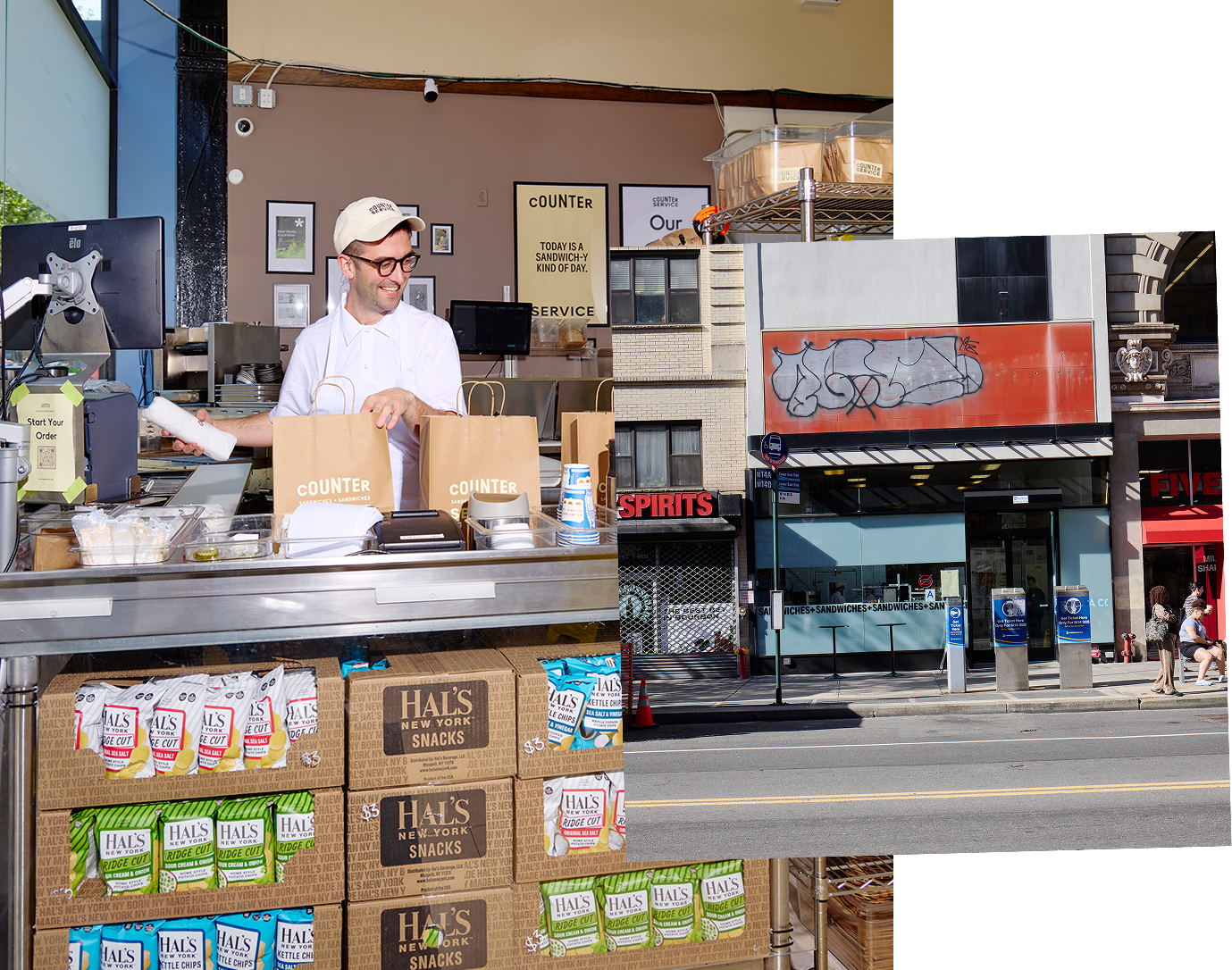 Man in cap and apron packs paper bags behind a deli counter stocked with chips; city street and storefront with graffiti visible across the road.