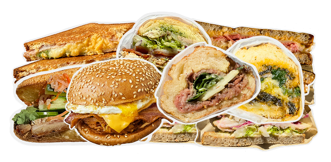 A variety of sandwiches, including a burger, wraps, and grilled cheese, displayed with diverse fillings and toppings.