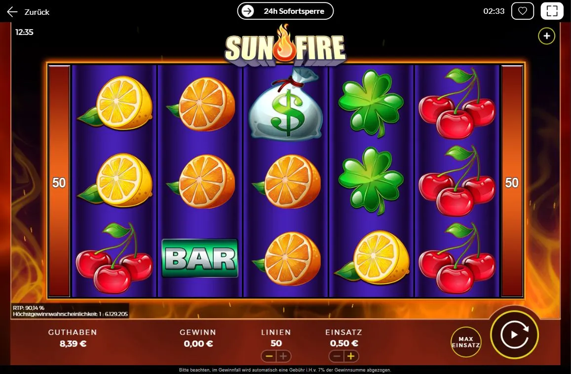 Ingame-Szene des Sun Fire Slots von Bally Wulff mit Orangen, Kirschen, Kleeblättern und BAR-Symbol auf violettem Hintergrund.