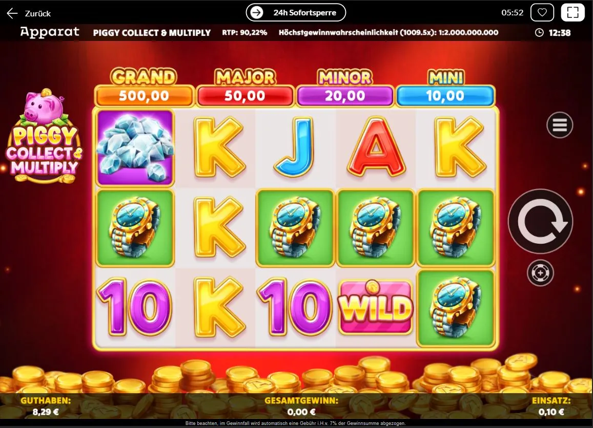 Ingame-Ansicht des Piggy Collect & Multiply Slots von Apparat Gaming mit Diamanten, goldenen Uhren, Wild-Symbol und Multiplikator-Feldern.