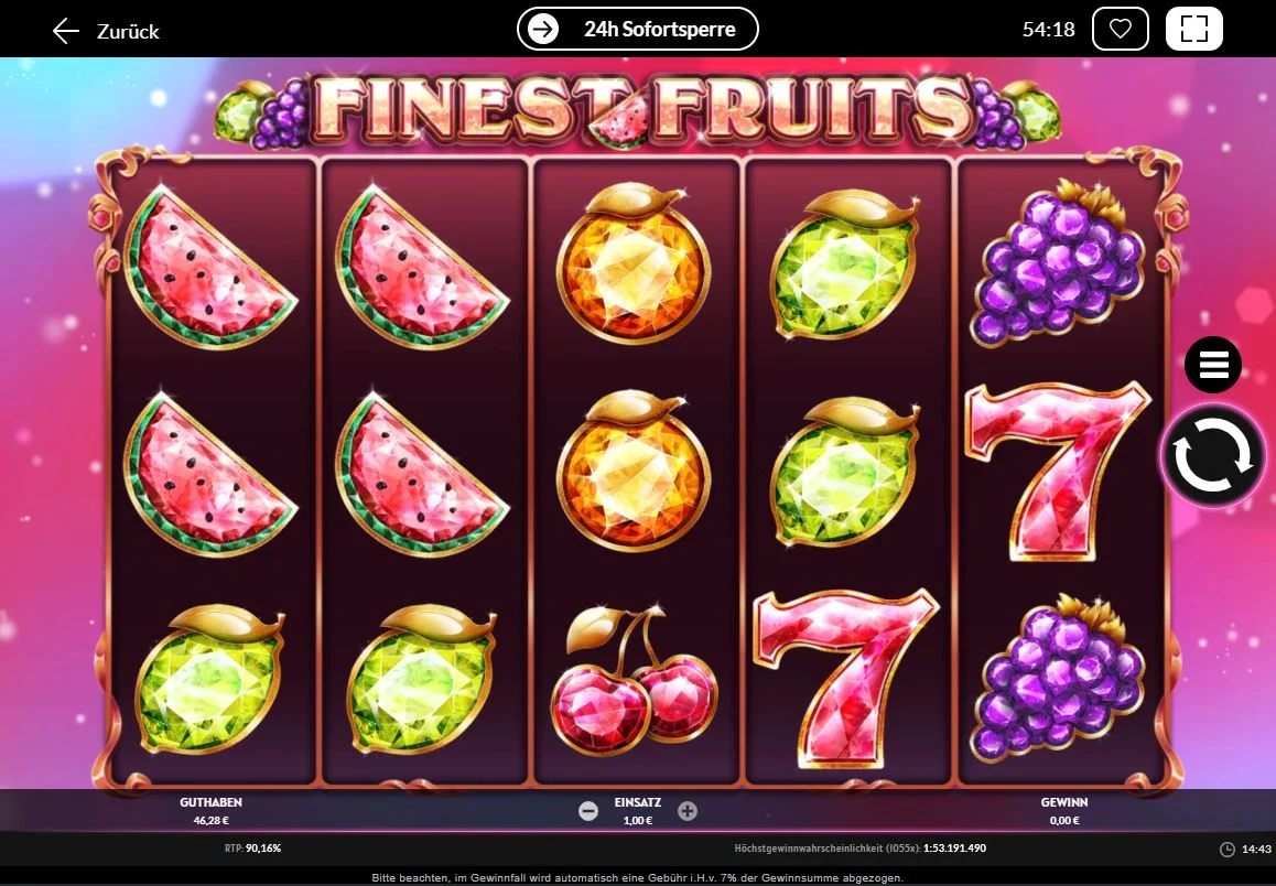 Screenshot des Finest Fruits Slots mit edelsteinartigen Früchten und 7er Symbol
