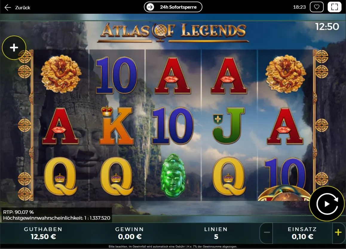 Ingame-Ansicht des Atlas of Legends Slots von Bally Wulff mit asiatischen Symbolen, Masken und Buchstaben-Icons auf fünf Walzen.