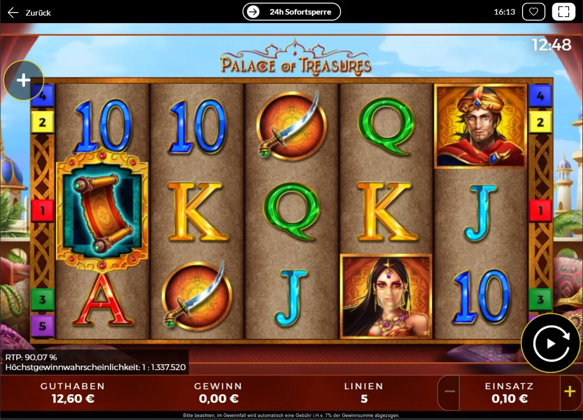 Ingame-Ansicht des Palace of Treasures Slots von Bally Wulff mit Symbolen wie Krieger, Prinzessin, Schriftrolle und Säbel.