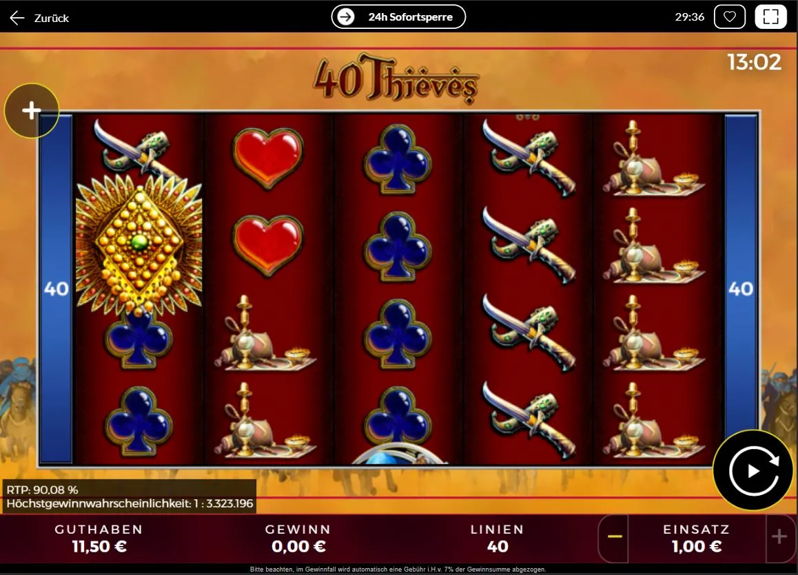 40 Thieves Slot Screenshot mit Schwertern, Symbolen und orientalischem Design.