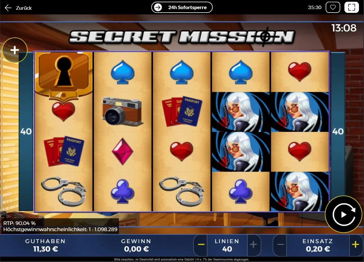 Secret Mission Slot Screenshot mit Agentin, Symbolen wie Kamera, Pässen und Walzen.