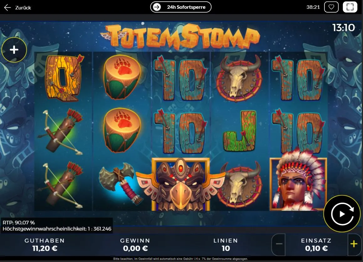 Totem Stomp Slot Ingame Screenshot mit Totem-Symbolen, Walzen und Spielfeldern.