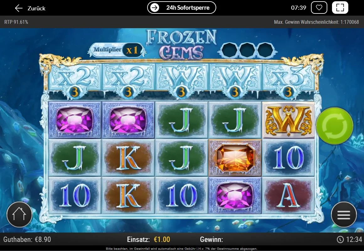 Screenshot des Frozen Gems Slots mit Juwelen, Multiplikatoren und Eissymbolen