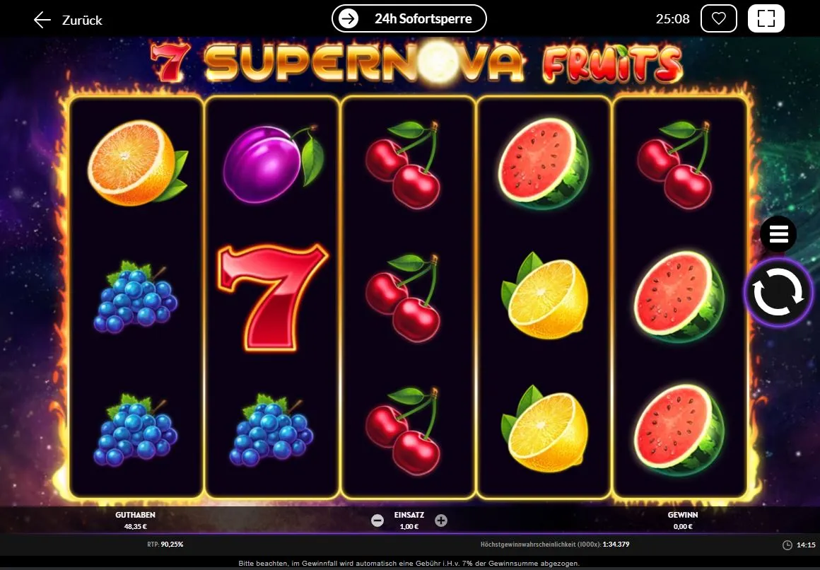 Screenshot des 7 Supernova Fruits Slots mit Weltraumhintergrund und Früchten