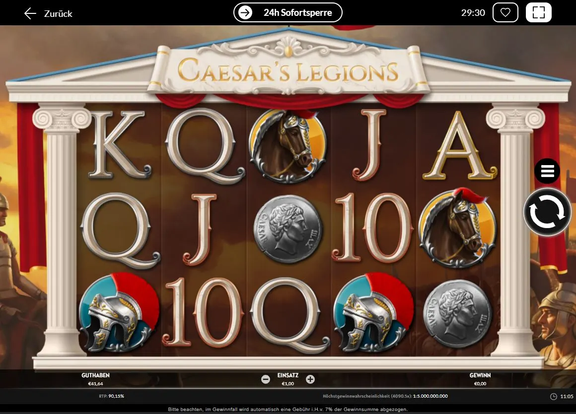 Ingame-Screenshot des Caesar’s Legions Slots mit römischen Symbolen wie Helmen, Pferden und Münzen.