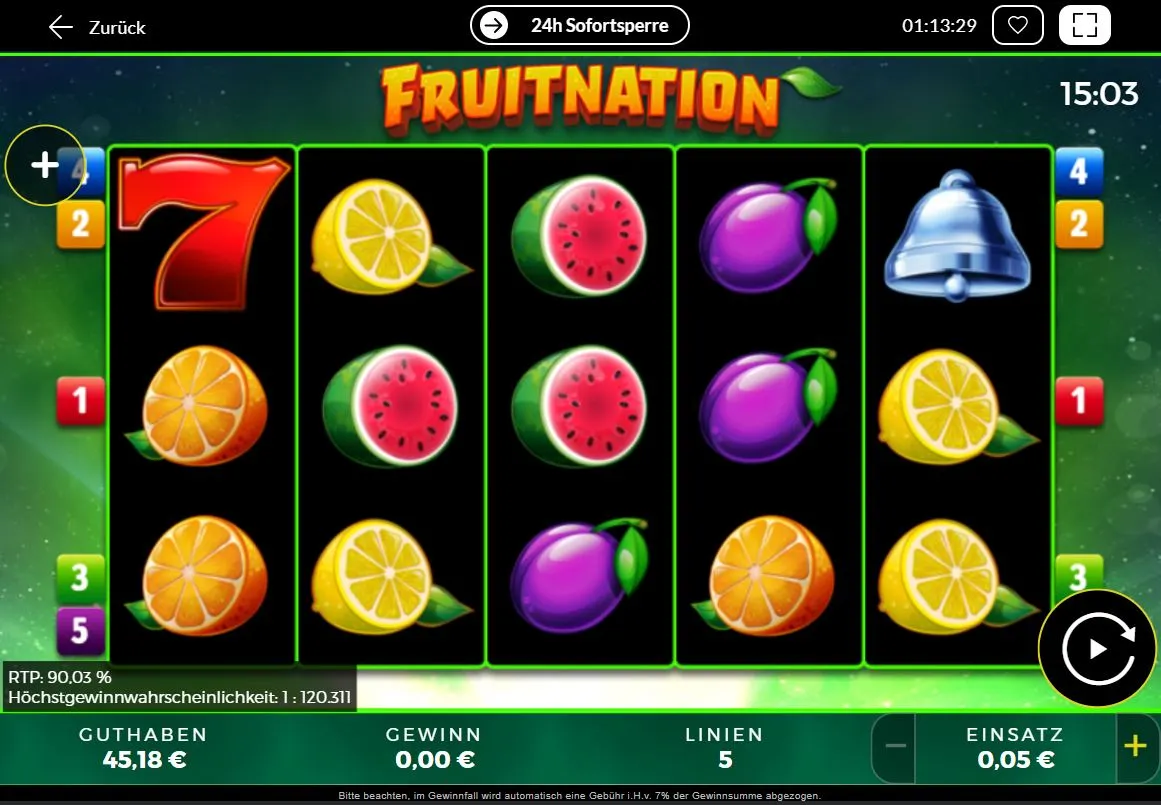 Screenshot des Fruitnation Slots mit Früchten, Glocke und 7er Symbol
