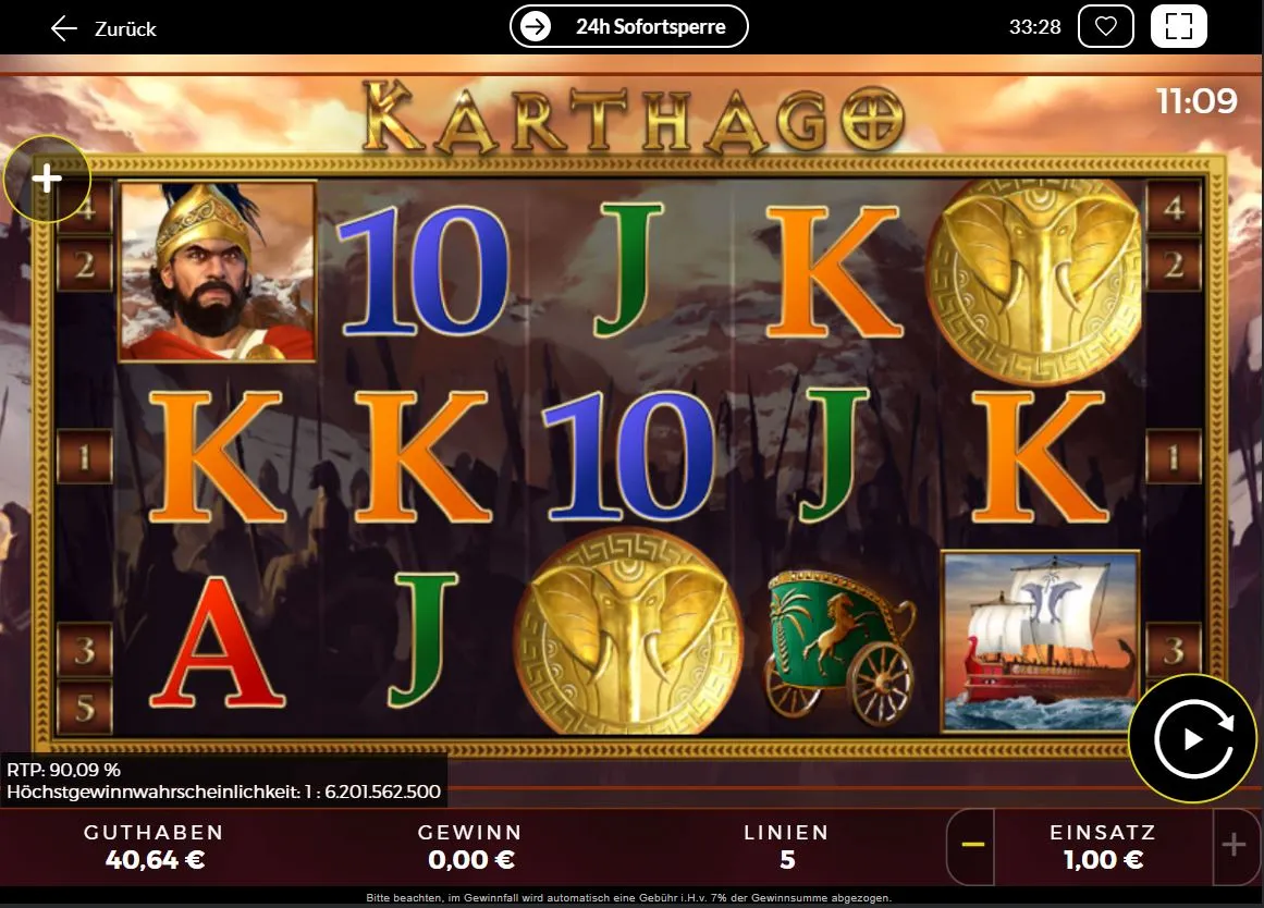 Ingame-Screenshot des Karthago Slots mit Symbolen wie Krieger, Elefantenmedaillons und Streitwagen.