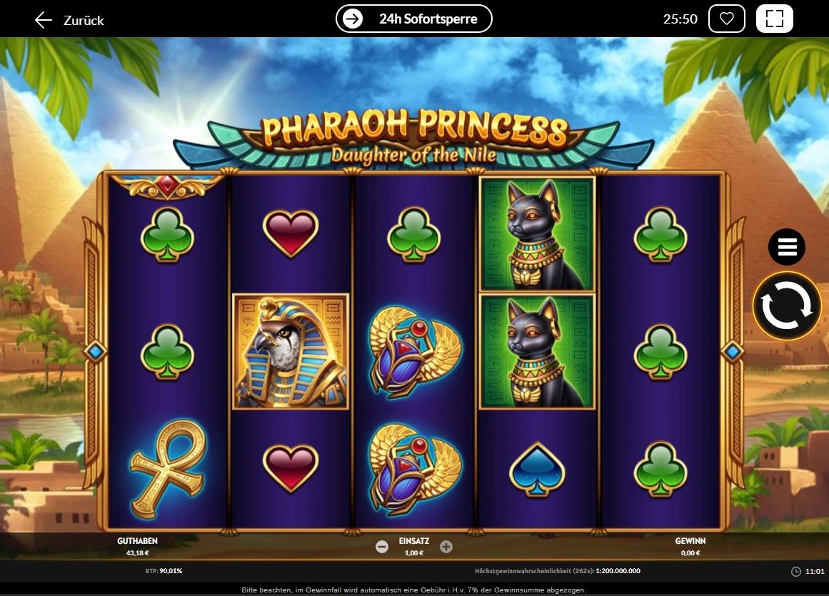 Ingame-Ansicht des Pharaoh Princess Slots mit ägyptischen Symbolen wie Katze, Skarabäus und Ankh.