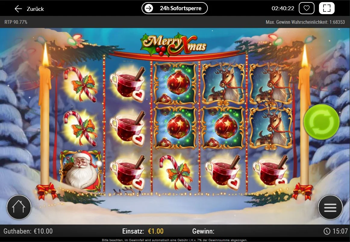 Ingame-Screenshot des Merry-Xmas-Slots mit Weihnachtssymbolen auf den Walzen
