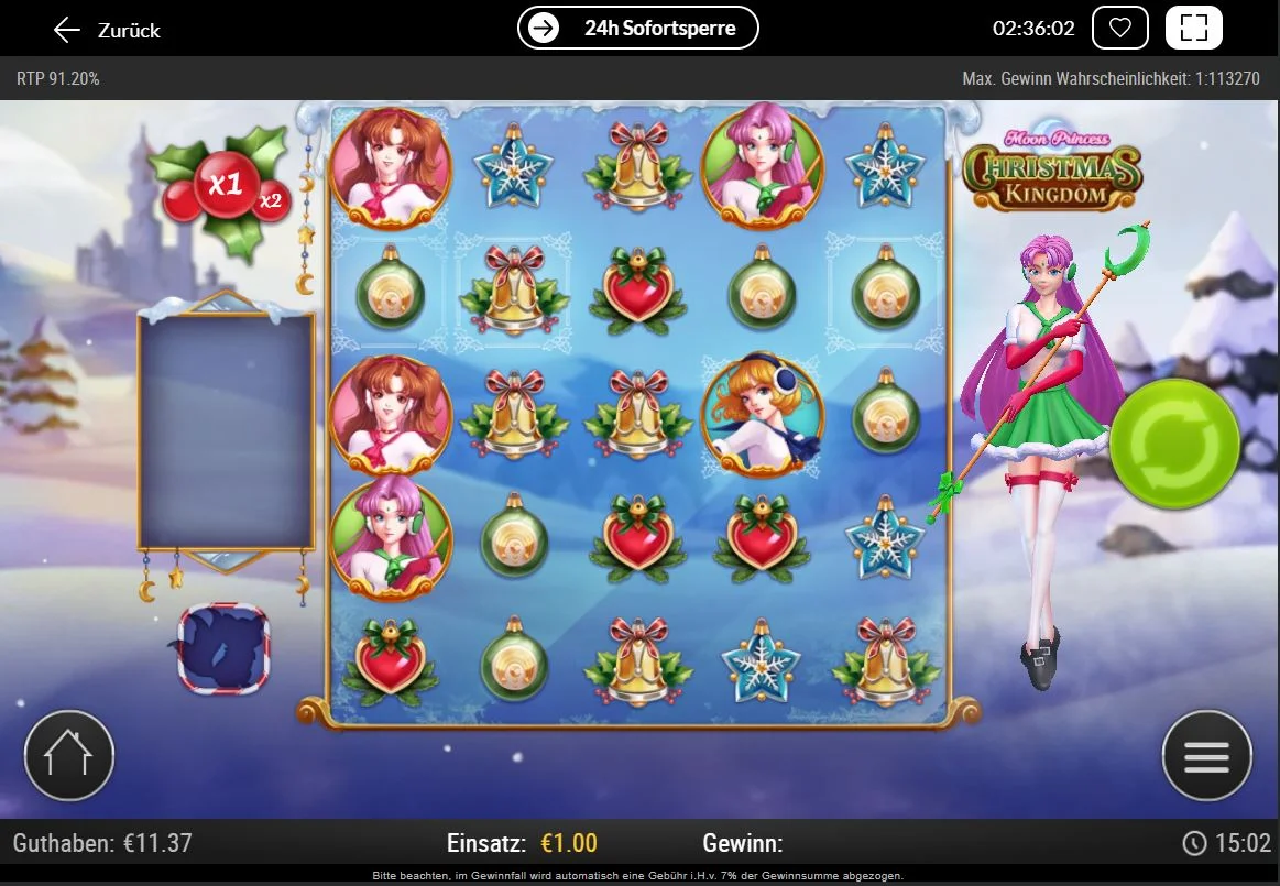 Ingame-Szene des Moon-Princess-Christmas-Kingdom-Slots mit Spielfiguren und Symbolen