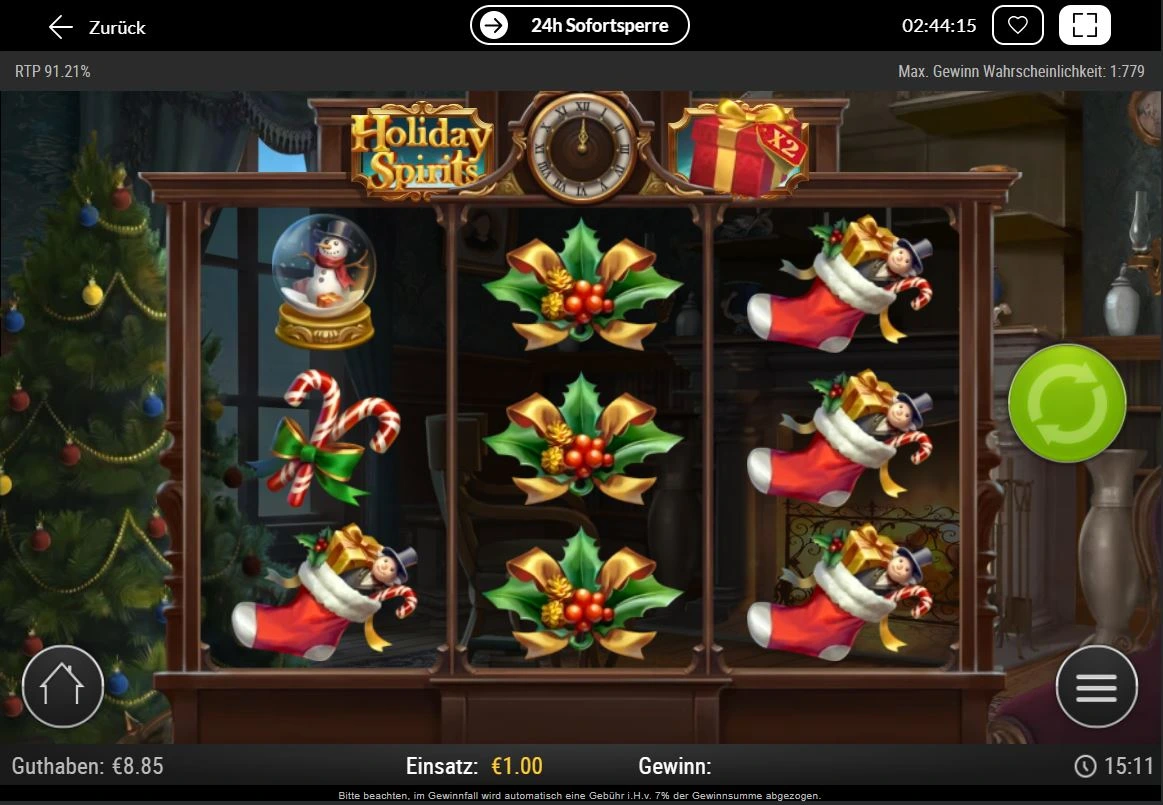 Ingame-Ansicht des Holiday-Spirits-Slots mit Weihnachtsmotiven und Walzen