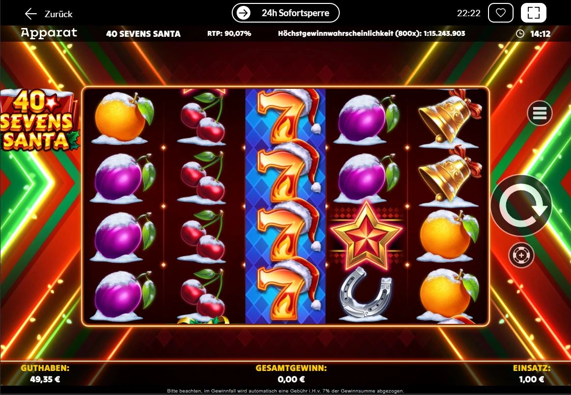Screenshot des 40 Sevens Santa Slots mit verschneiten Früchten und 7er Symbolen