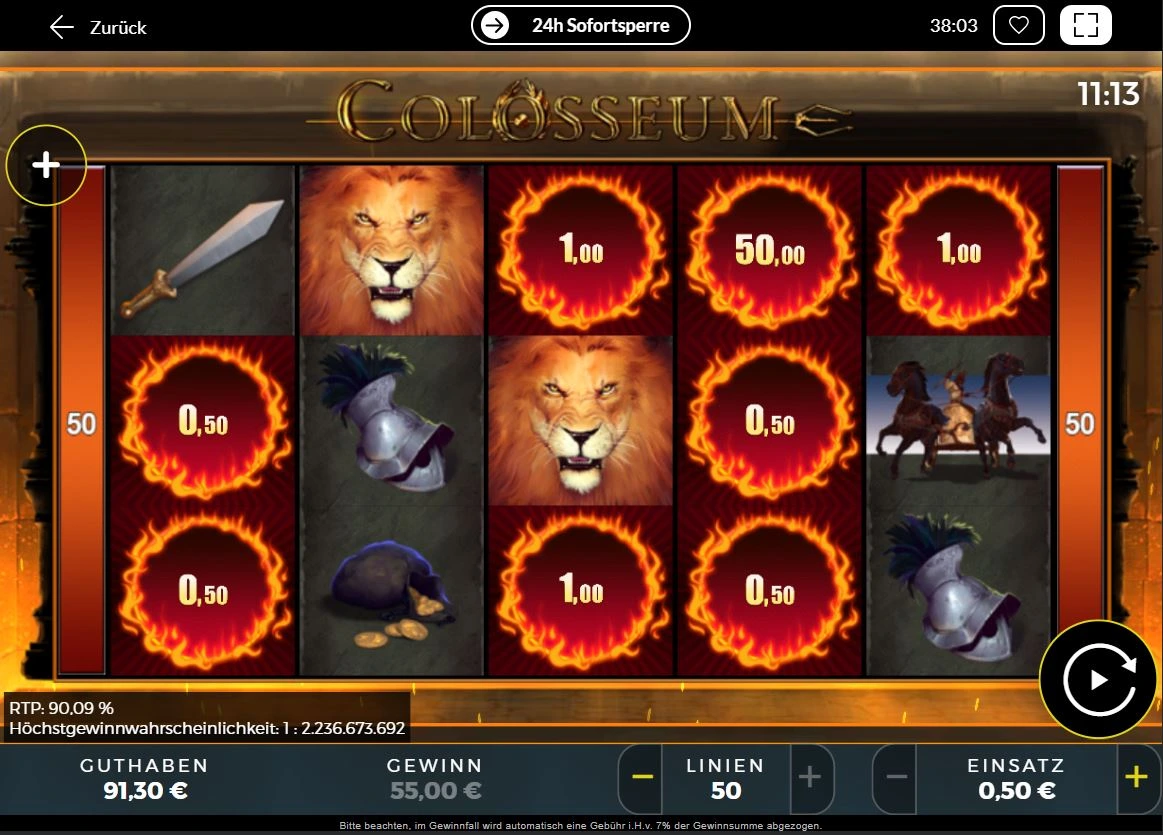 Ingame-Ansicht des Colosseum Slots mit Löwen, Helmen und brennenden Bonusfeldern.