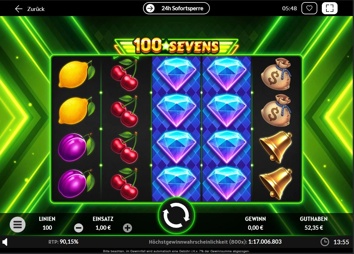 Screenshot des 100 Sevens Slots mit Diamanten, Früchten und Symbolen
