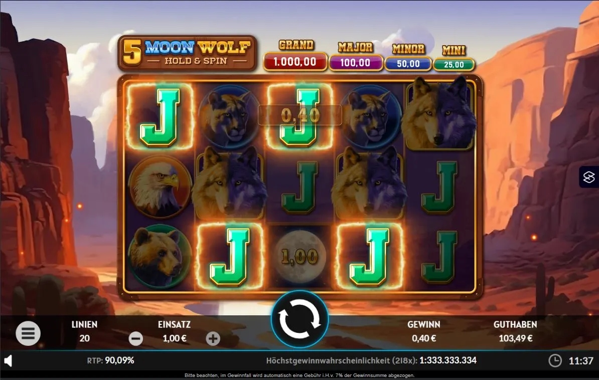 Ingame-Ansicht des 5 Moon Wolf Slots mit Wolfs-Symbolen und Hold-&-Spin-Feature