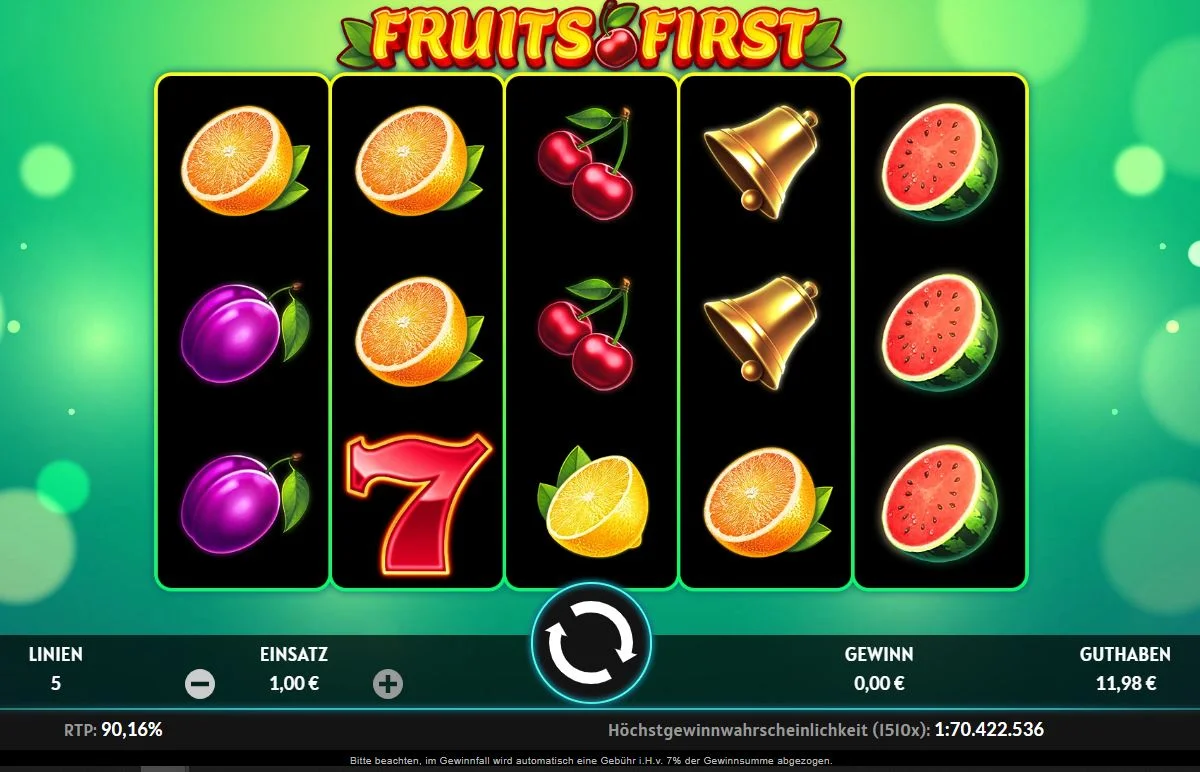 Fruits First Slot Ingame mit Orangen, Kirschen, Glocken und 7