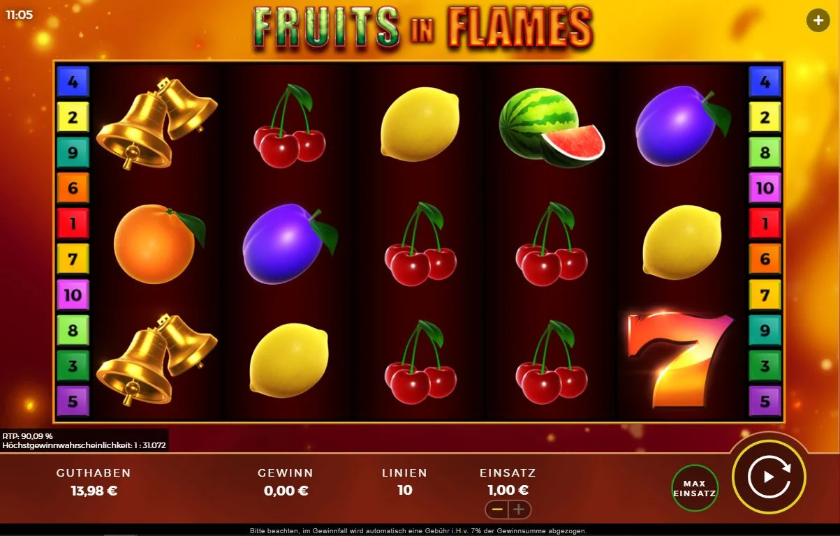 Fruits in Flames Slot Ingame mit Früchten, Glocken und 7er Symbol