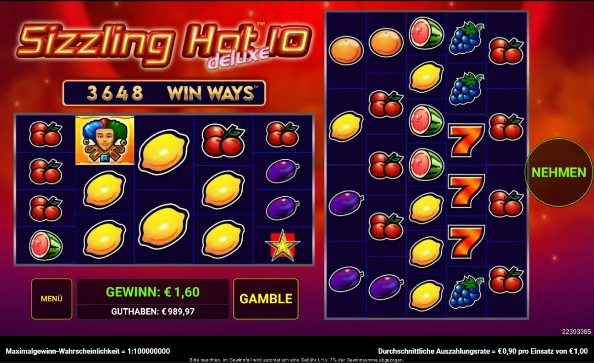 Gameplay des Sizzling Hot Deluxe 10: Win Ways Slots mit Zitronen, Kirschen, Melonen und Gewinnanzeige bei DIE SPIELBANK.