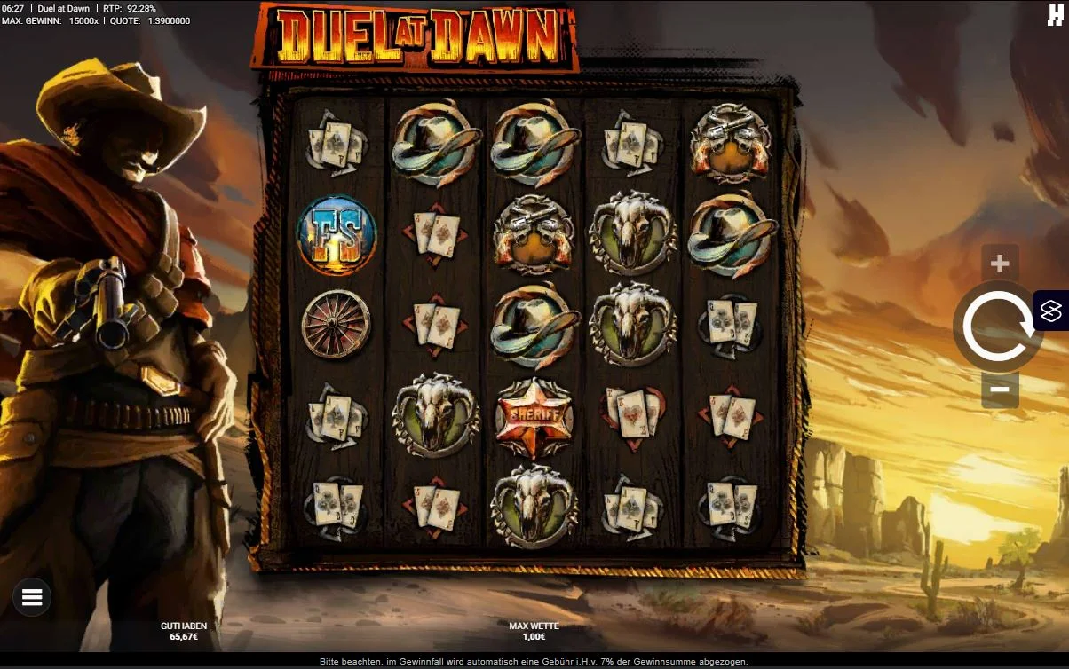Duel at Dawn Slot Gameplay mit Western Symbolen und Freispiele Feature