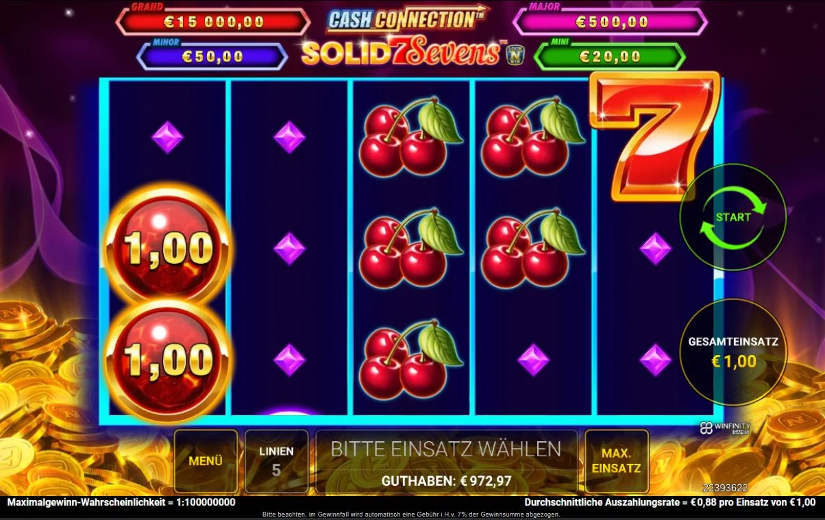 Gameplay des Online Slots Cash Connection – Solid Sevens mit Lock 'n' Win-Funktion, 7er-Symbolen und Geldkugeln bei DIE SPIELBANK.