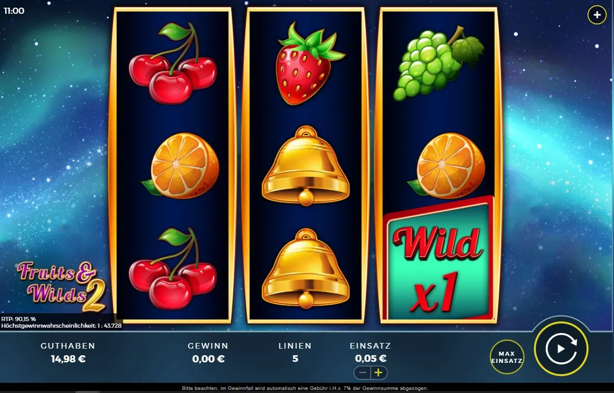 Fruits and Wilds 2 Slot Ingame mit Wild x1 und Fruchtsymbolen