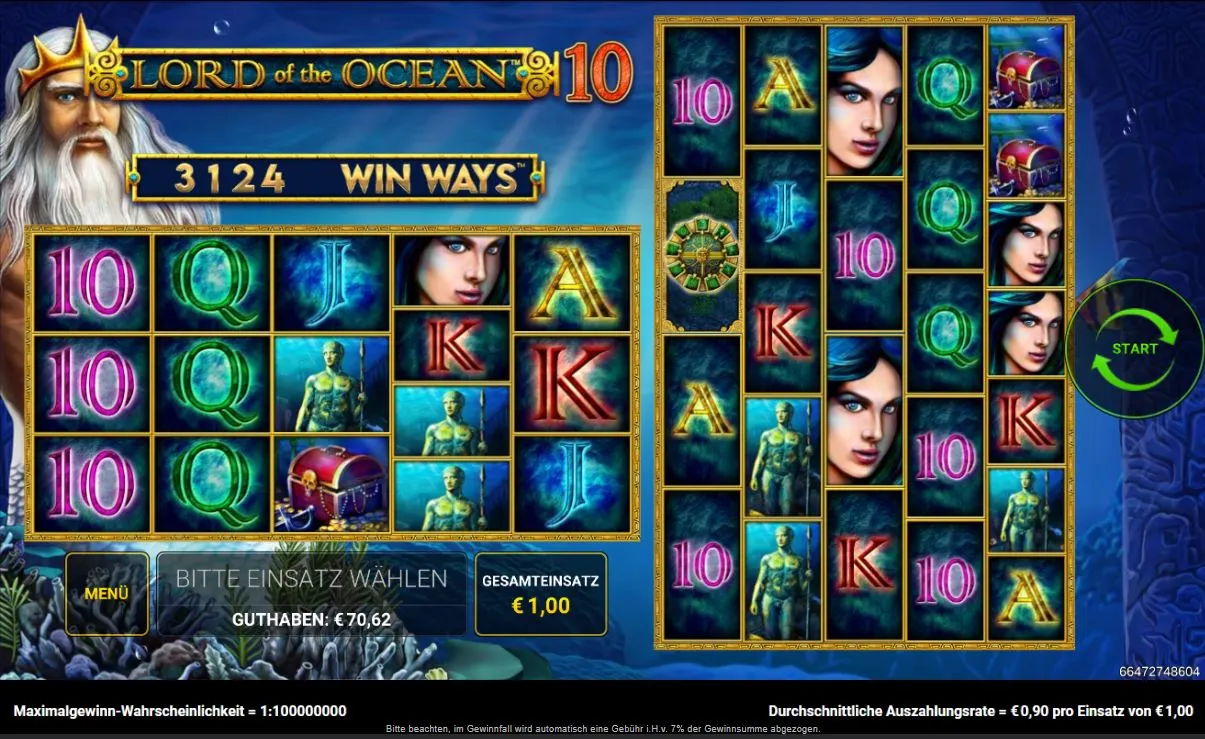 Gameplay des Lord Of The Ocean 10: Win Ways Slots mit zwei Walzensets, Unterwasserwelt und zahlreichen Gewinnwegen bei DIE SPIELBANK.