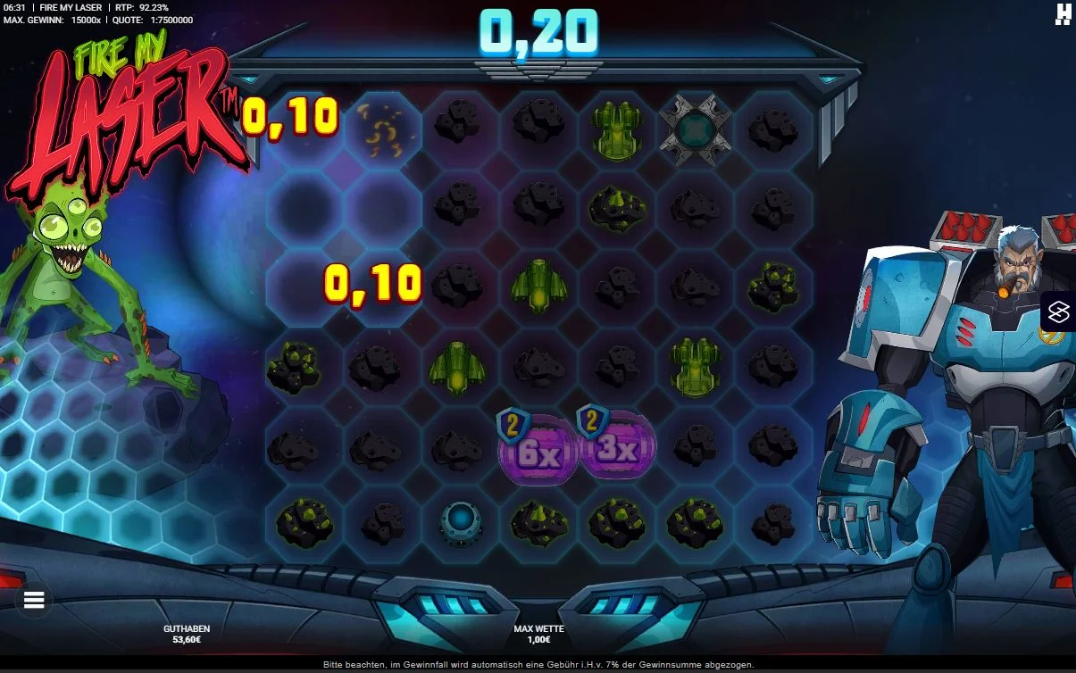 Fire My Laser Slot Gameplay mit Multiplikatoren und futuristischem Design