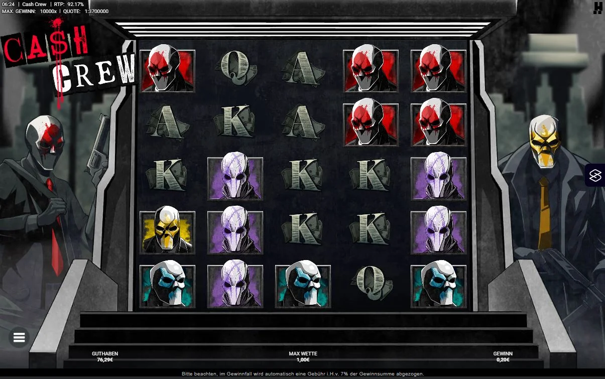 Cash Crew Slot Gameplay mit Masken Charakteren und Gewinnsymbolen