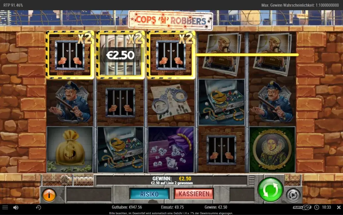 Spielszene von Diamond Link: Cops 'N' Robbers mit Gefängnis-Symbolen, Multiplikatoren und Diamond-Link-Funktion bei DIE SPIELBANK.