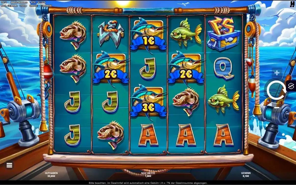 Marlin Masters Gameplay mit Fischsymbolen, Geldwerten und Fisherman Feature