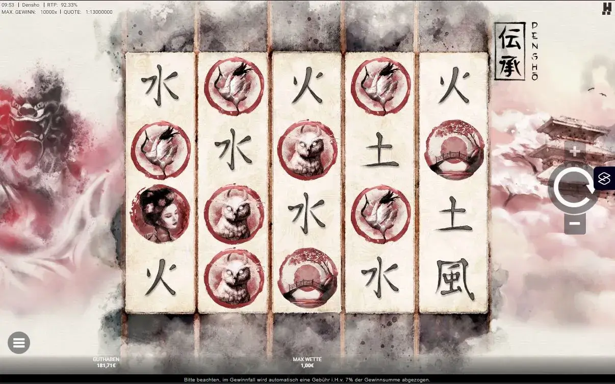 Densho Slot mit traditionellen Symbolen, minimalistischer Grafik und Gewinnlinien