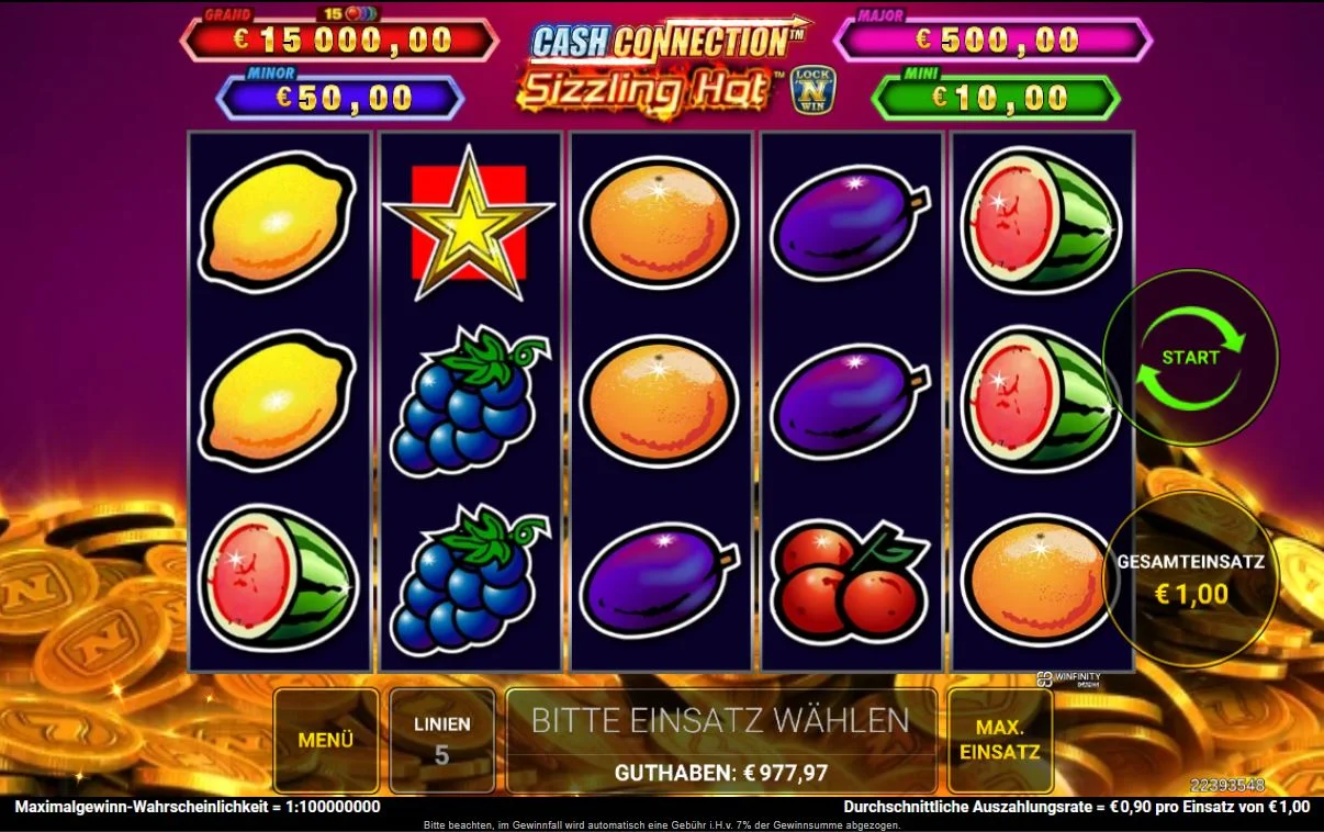 Spielszene des Cash Connection – Sizzling Hot Slots mit Früchten, Lock 'n' Win-Jackpots und fünf Walzen bei DIE SPIELBANK.
