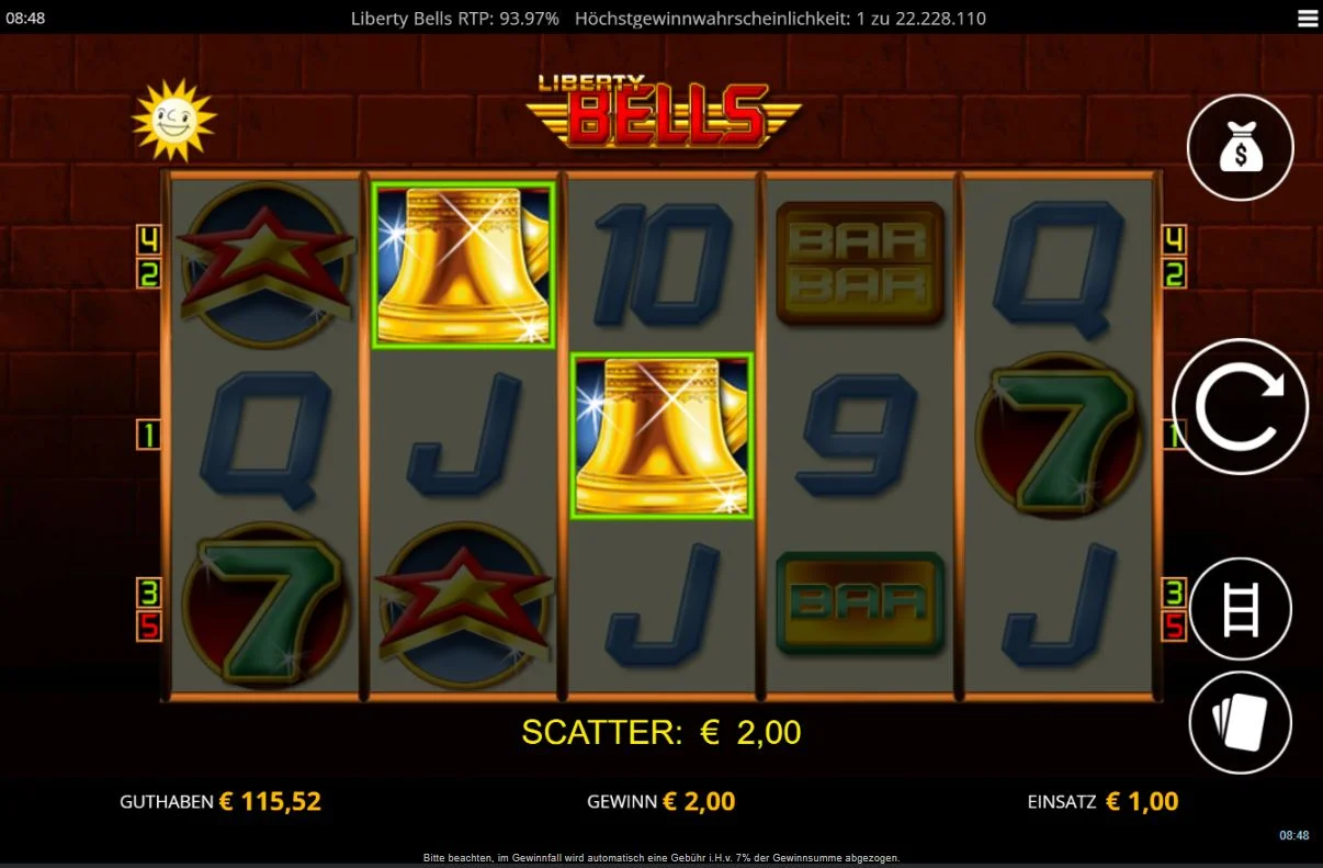 Spielansicht des Liberty Bells Slots mit goldenen Glocken als Scatter sowie Stern-, Siebener- und BAR-Symbolen