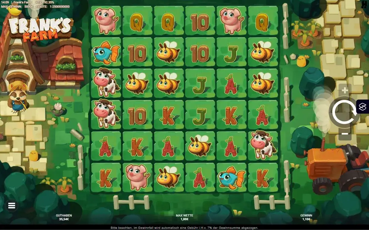 Franks Farm Gameplay mit 6x6 Raster, Tiersymbolen und Pay Anywhere Mechanik