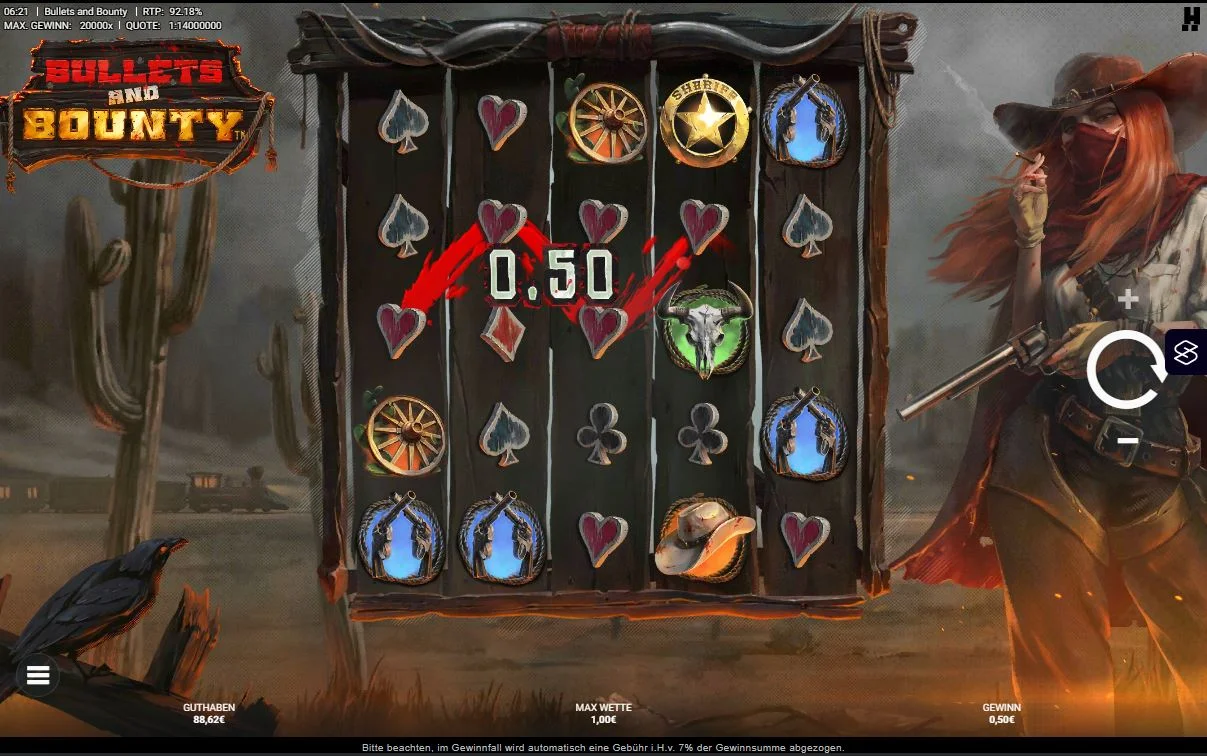 Bullets and Bounty Slot Gameplay mit Western Charakter und Gewinnanzeige
