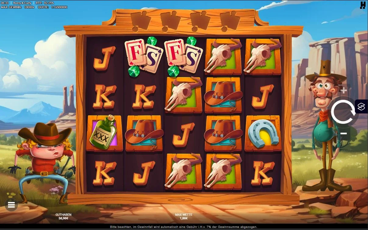 Rusty and Curly Slot Gameplay mit Cowboy Charakteren, Symbolen und Freispiele Feature