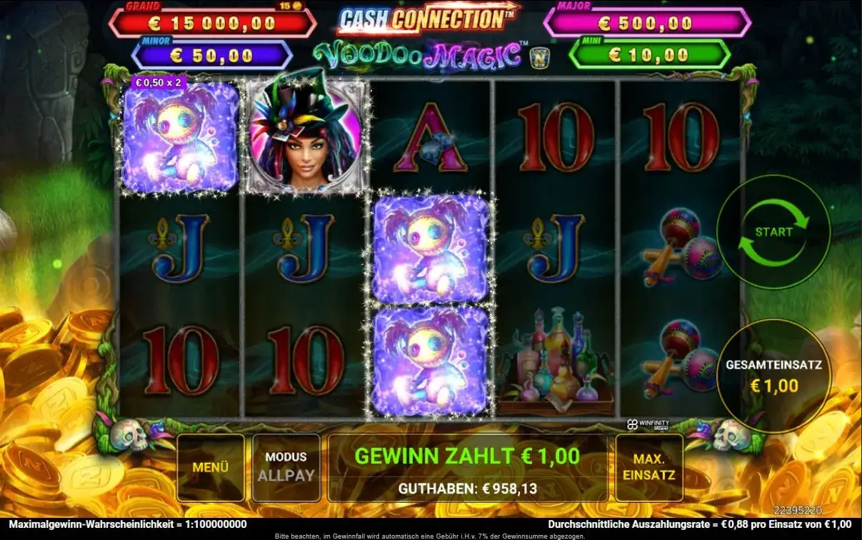 Spielszene aus Cash Connection – Voodoo Magic mit Voodoo-Symbolen, Cash-Connection-Feature und Walzenansicht bei DIE SPIELBANK.
