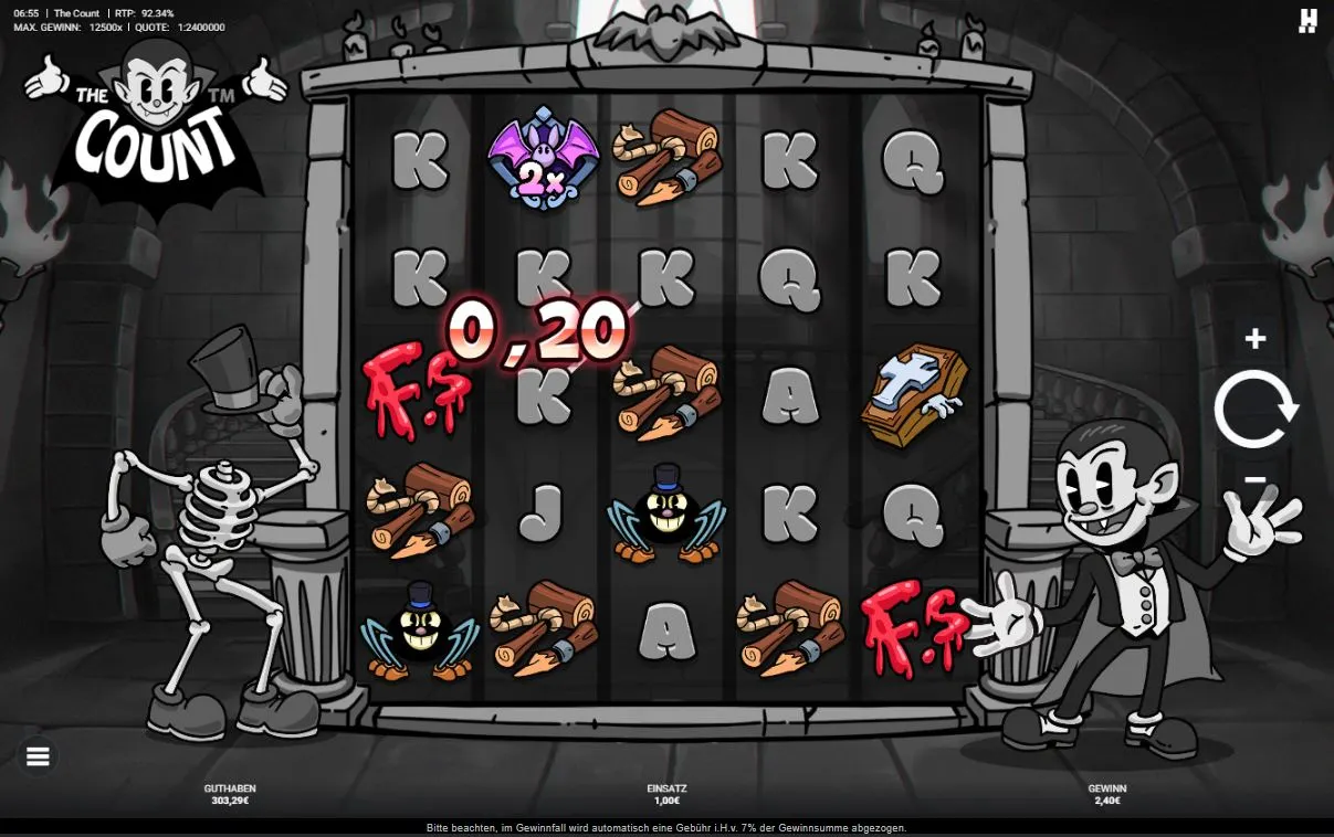 Spielfeld des Hacksaw Gaming Slots The Count mit Vampir, Skelett, Sarg, Fledermaus und Multiplikator-Symbol