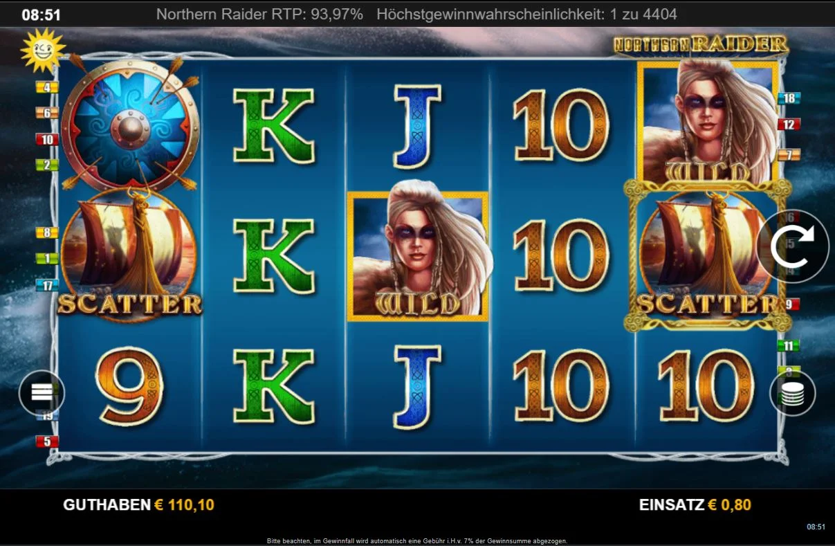 Spielansicht des Northern Raider Slots mit Wikingerin als Wild, Wikingerschiffen als Scatter und nordischen Symbolen