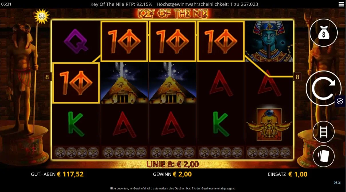 Spielansicht des Key of the Nile Slots mit Pharao, Tempeln, Skarabäus und ägyptischen Statuen