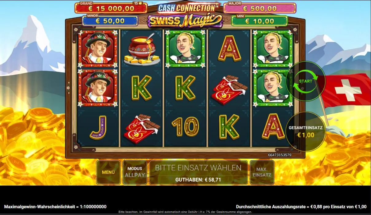 Gameplay des Online Slots Cash Connection Swiss Magic mit Schweizer Motiven, Lock 'n' Win-Feature und fünf Walzen bei DIE SPIELBANK.