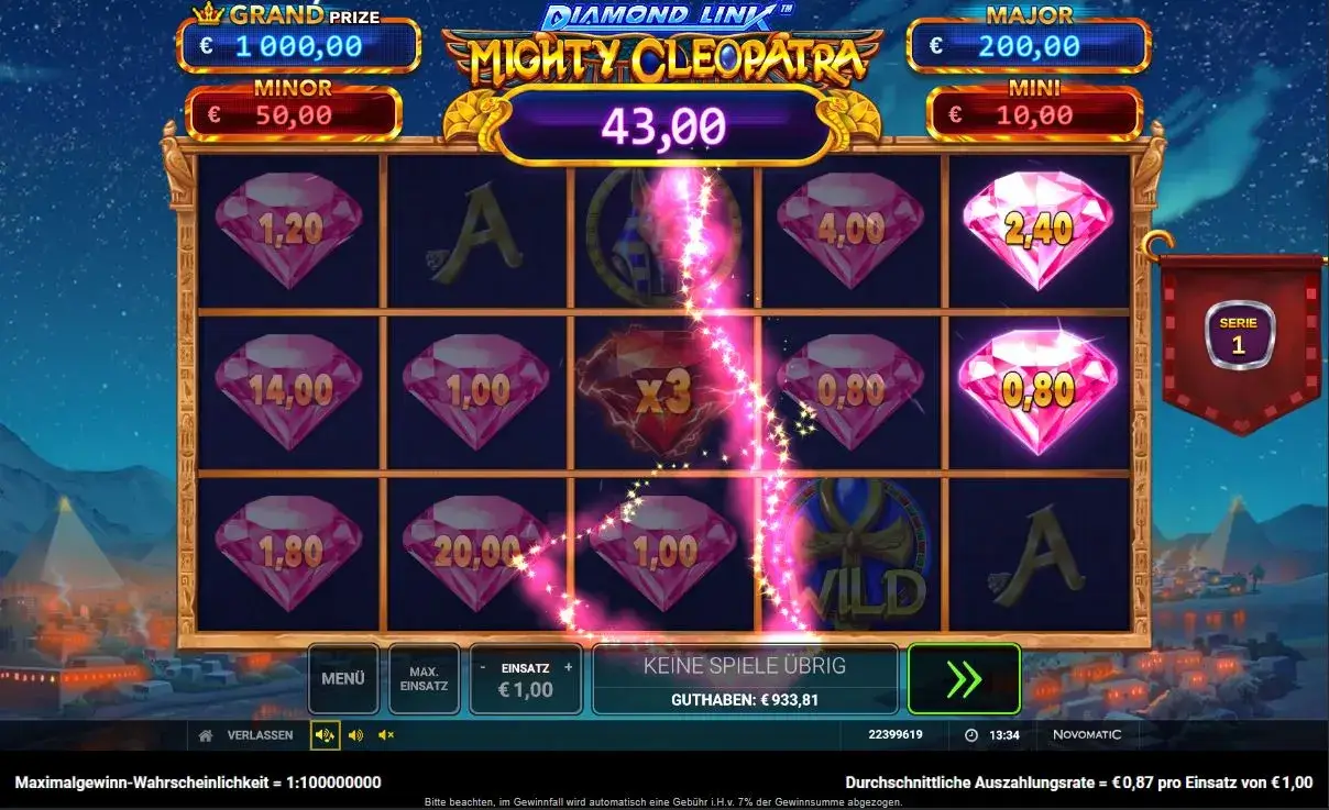 Spielbild des Novoline Slots Diamond Link Mighty Cleopatra mit Diamanten, Bonussymbolen und Diamond-Link-Feature bei DIE SPIELBANK.