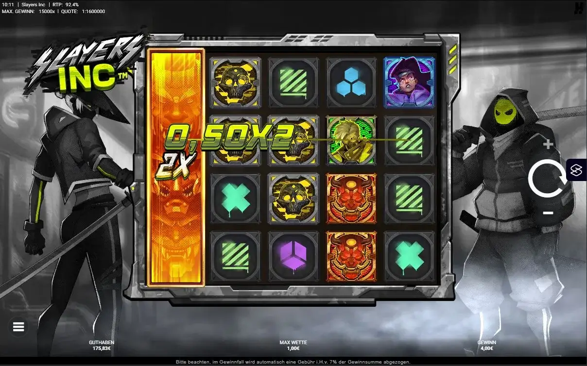Slayers Inc Slot Gameplay mit 2x Multiplikator und futuristischen Symbolen von Hacksaw Gaming