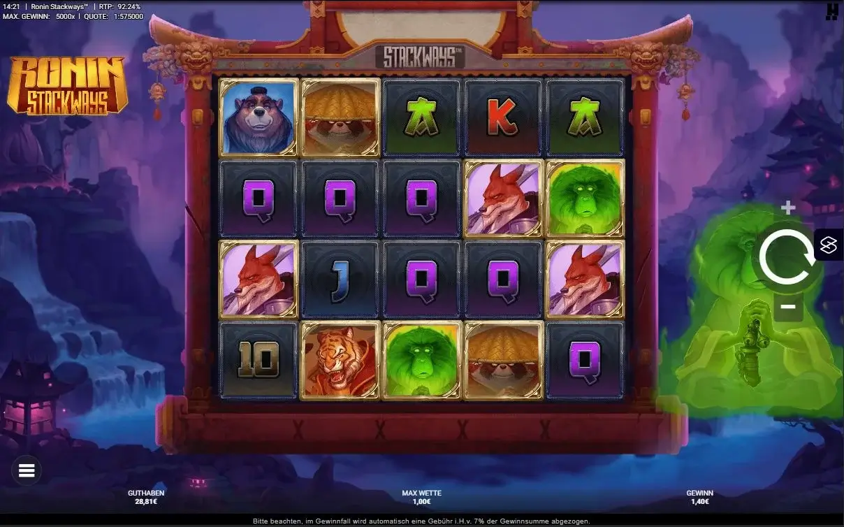 Ronin Stackways Gameplay mit variablen Walzen, Symbolen und bis zu 100.000 Gewinnwegen