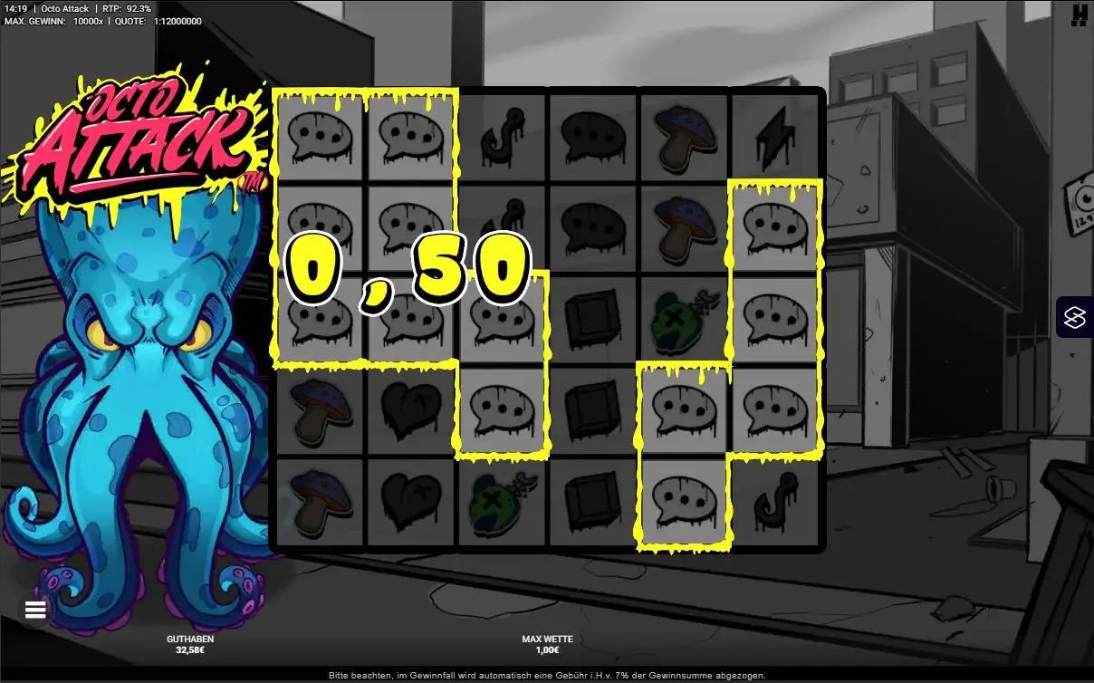 Octo Attack Gameplay mit Clusterpay-System, Symbolen und Gewinnkombinationen