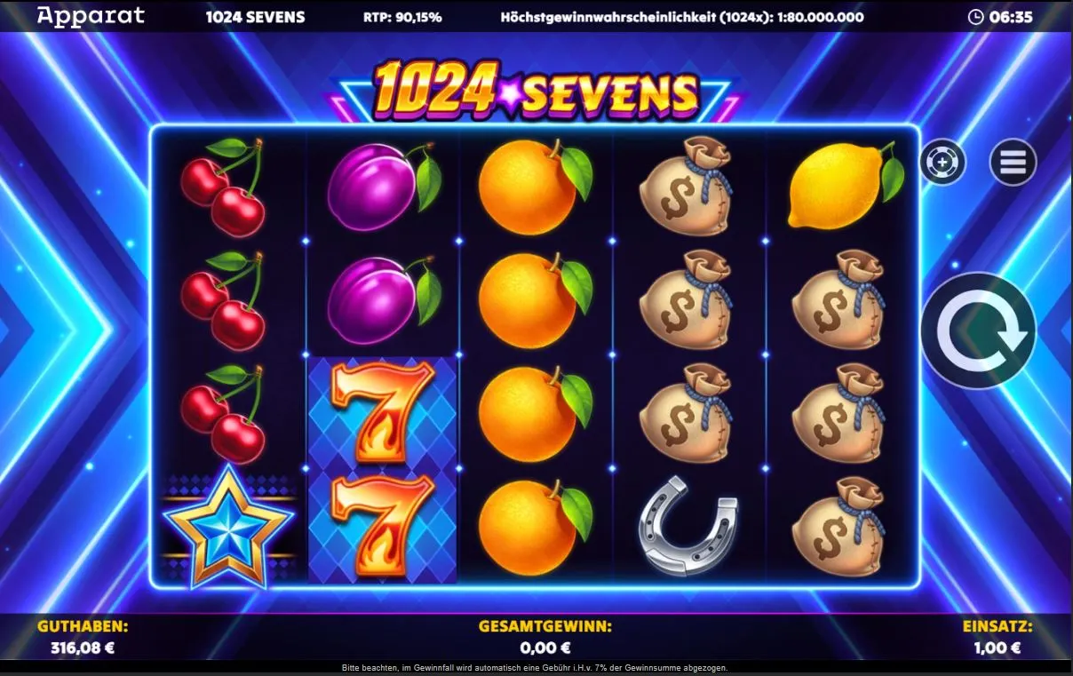 Gameplay von 1024 Sevens mit Fruchtsymbolen, Siebenern und Stern-Wild auf fünf Walzen